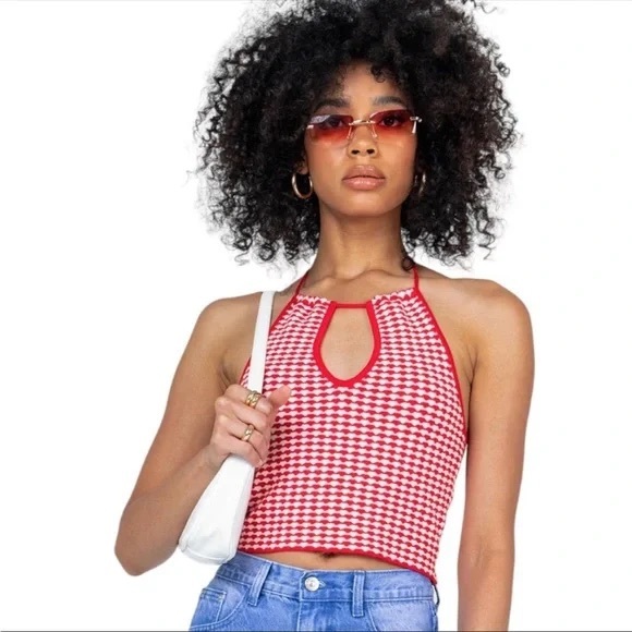 ZARA KNIT RED WHITE HALTER CROP TOP - Picture 5 of 10